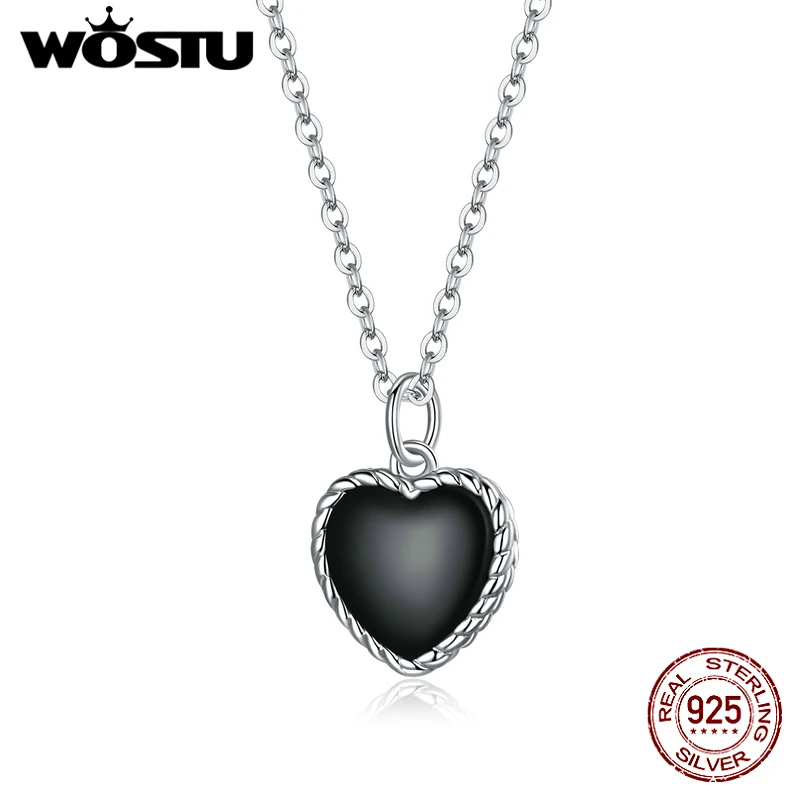 Wostu Necklace 100% 925 Sterling Silver Black Heart Pendant Link Chain for Women Love Pendant Necklaces Fine Jewelry Gift FIN443