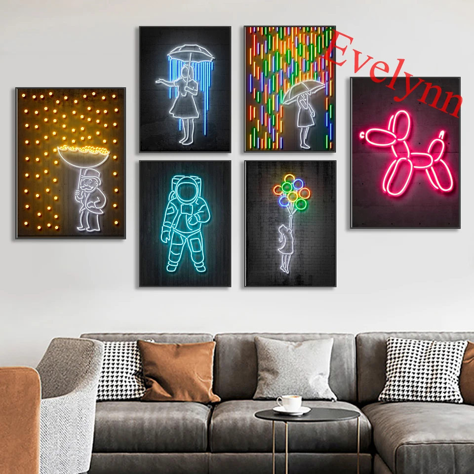 

Money Rain，Panda，Balloon Dog，Astronaut，Umbrella Girl，Shark Neon Sign Posters And Prints Abstract Wall Art Canvas Painting Decor