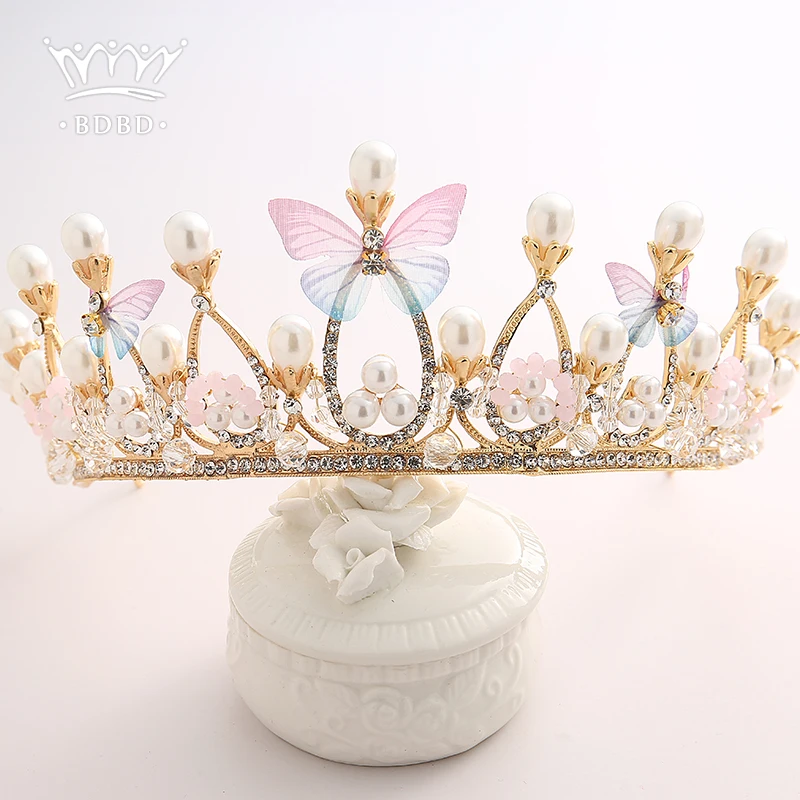 Gold Color Tiaras And Crowns Butterfly Pearls Crystal Handmade Children Crown Photography Party For Kids Women Princess Diadems