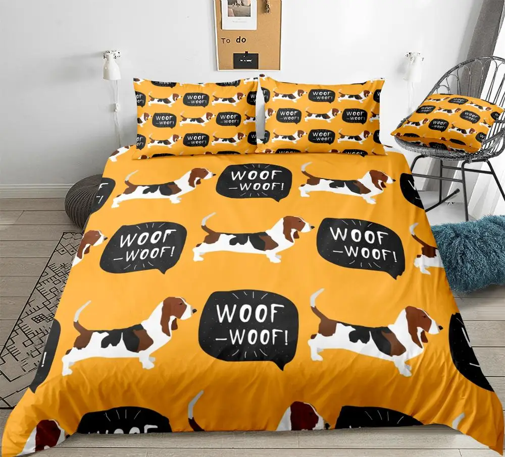 Dog Duvet Cover Set Basset Hound Dogs Bedding Kids Boys Girls Cartoon Pet Quilt Cover Yellow Queen Bed Set 3pcs Dogs Dropship