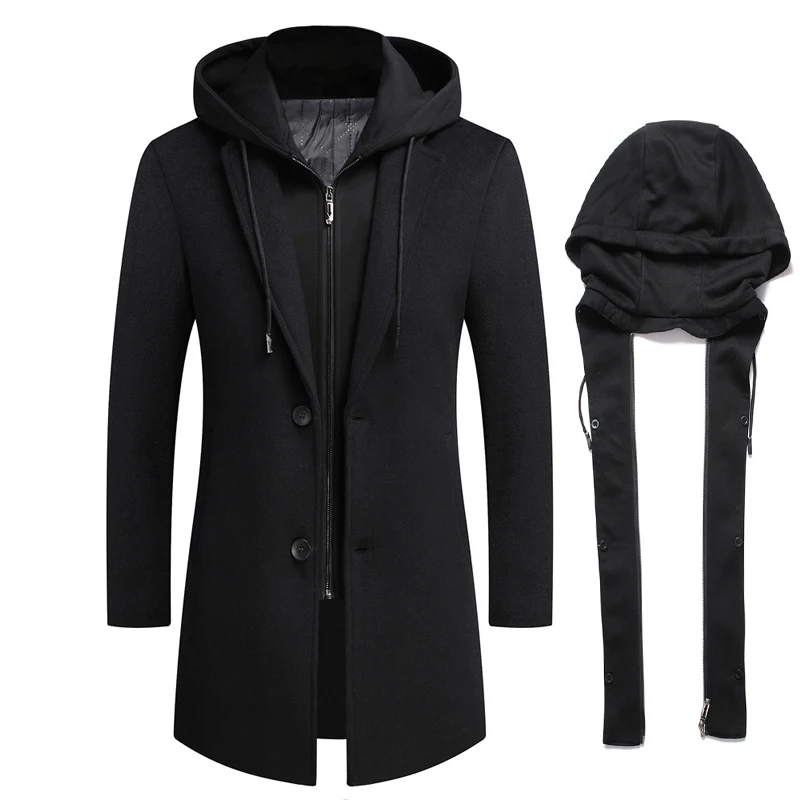 DIMUSI Winter Men\'s Hooded Wool Jackets Casual Middle Long Scarf Collar Cotton Thick Woolen Coat Male Luxurious Trench Clothing