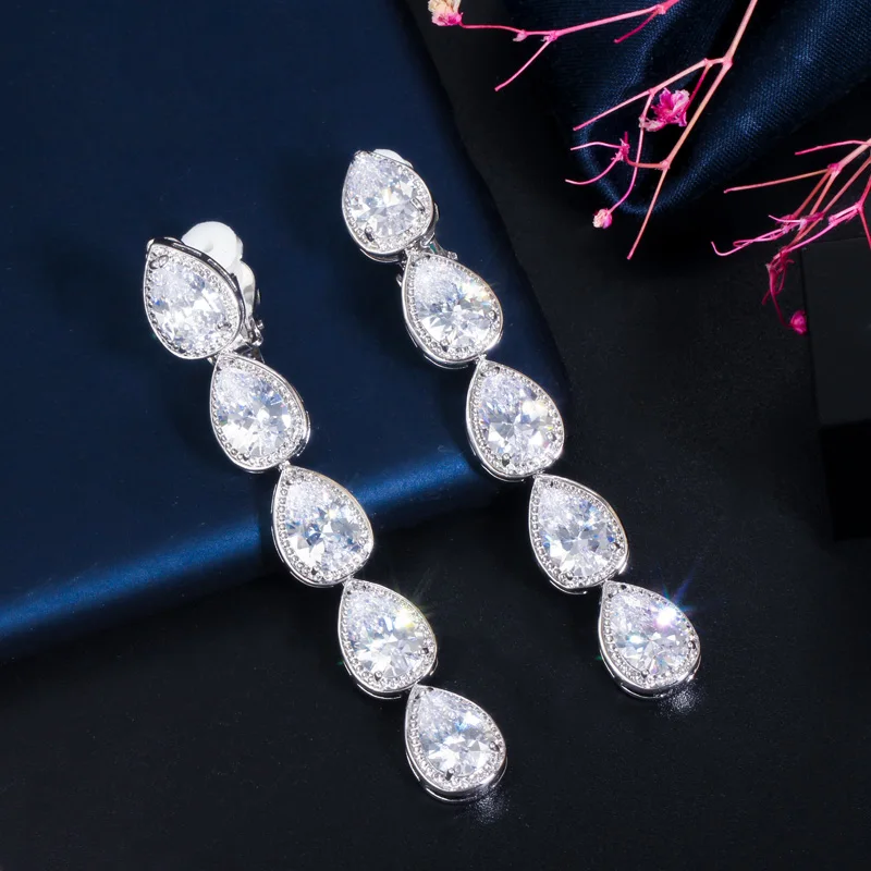 CWWZircons Non Piercing Ear Design Long Dangle CZ Crystal Clip On Earrings No Pierced Women Wedding Party Costume Jewelry CZ713