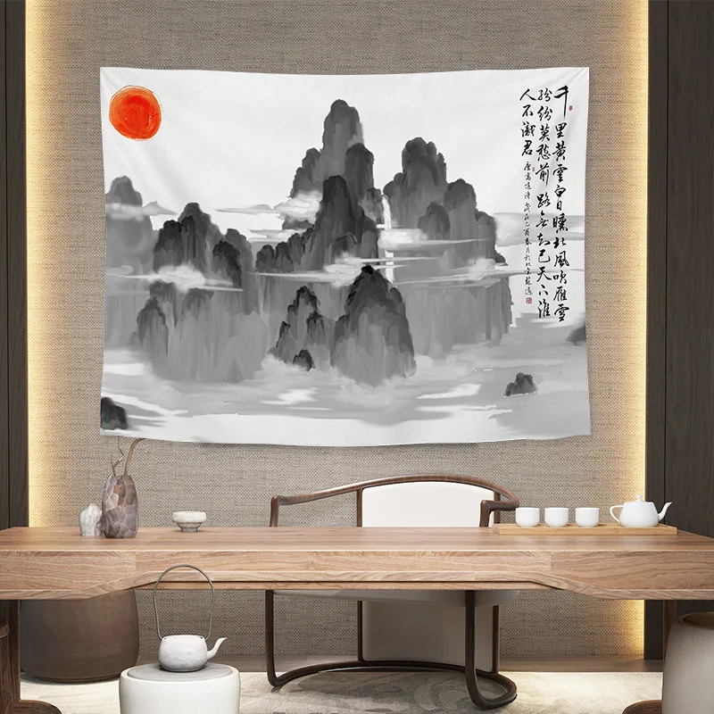 

New Chinese Ink Landscape Tapestry Zen Lotus Tapestry Background Cloth Beach Towel Hanging Picture Decorative Tablecloth