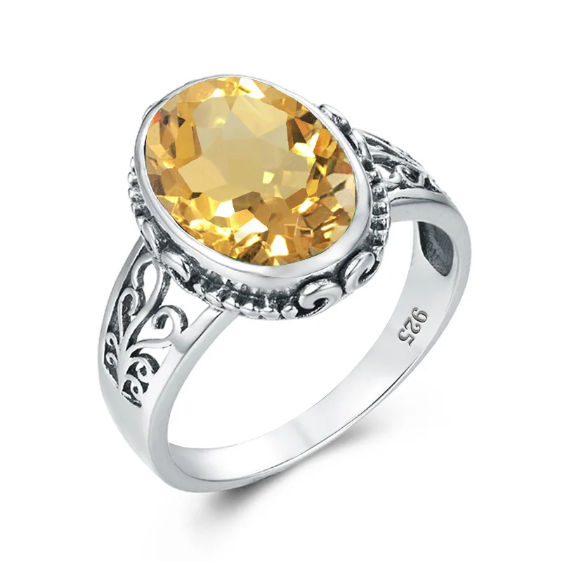 Gelber Citrin-Ring für Damen, Silber 925 Sterling, Herren-Edelsteinringe, Oval, Bohemian, Handgefertigter Damenschmuck, Brautsets im Angebot – Detail 3