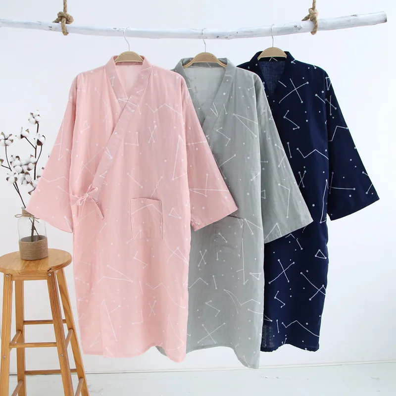 Summer Thin Gauze Dressing Gown Matching Japanese Kimono Bathrobe Cotton Cardigan Long Nightgown Sweat Steam Clothing