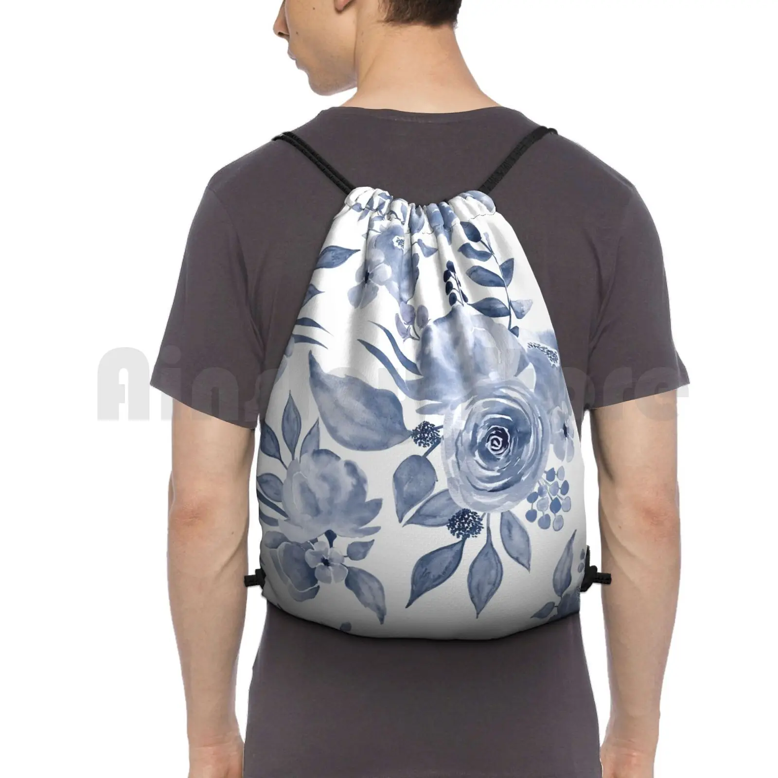 Hamptons Style Floral Design Backpack Drawstring Bags Gym Bag Waterproof Hamptons Style Hamptons Blue Floral Pattern Navy