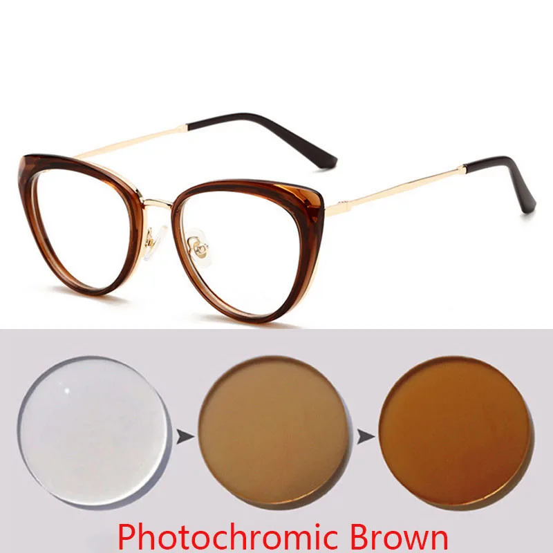 Anti-blue Light Cat Eye Prescription Spectacle Women Myopia Lens Photochromic Glasses Diopter 0 -0.5 -0.75 -1.0 -2.0 To -6.0