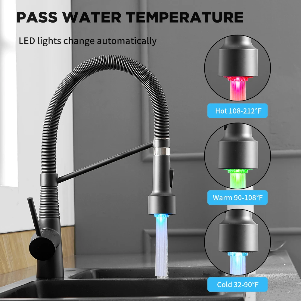 

LED Kitchen Faucet Single Hole Pull Out Spout with LED light Stream Sprayer Head Black Mixer Tap Hot Cold Water Crane 866043