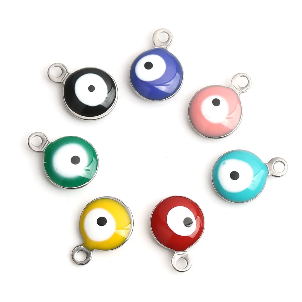 Evil Eye Series 304 Stainless Steel Religious Pendant Charms Round Gold Color Green Blue Evil Eye Enamel 11mm x 8mm, 10 PCs