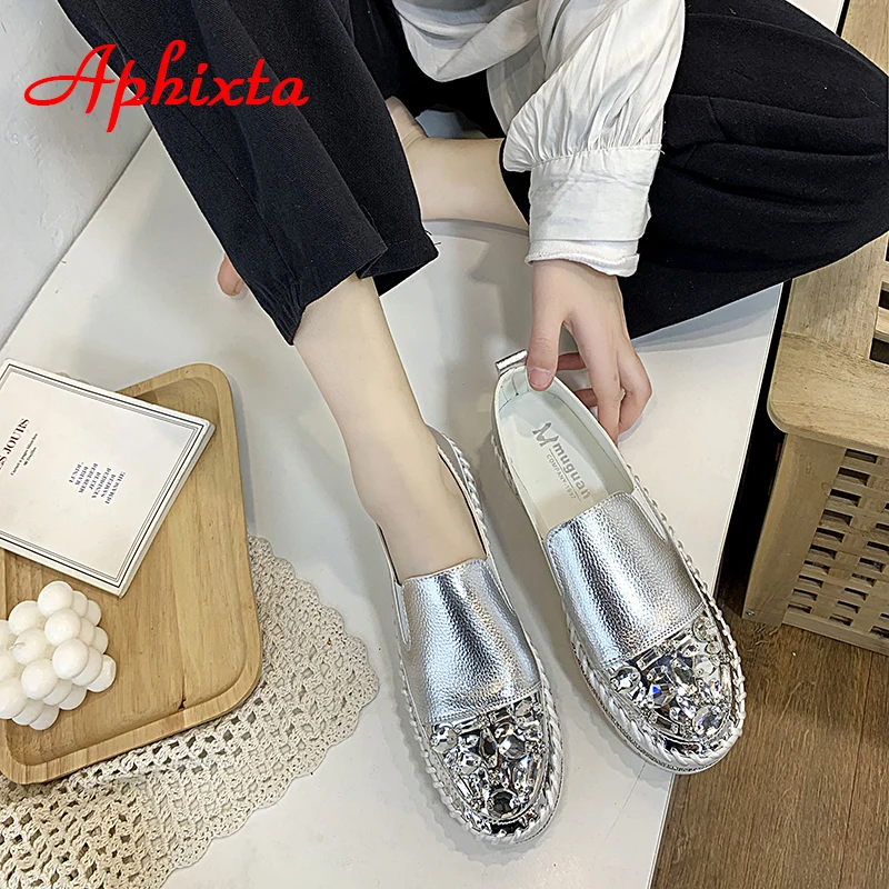 Aphixta Crystals Round Toe Leather Flats Shoes Women Silver Bling Loafers Couple Platform Shoes Woman Flat With Students Size 43