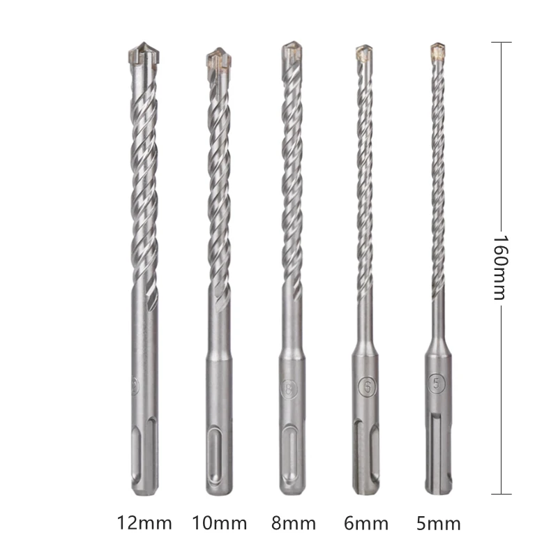 5Pcs 5-6-8-10-12mm SDS PLUS Shank Electric Hammer Carbide Drill Bits 160mm Length For Concrete Wall Granite Masonry Brick Stone