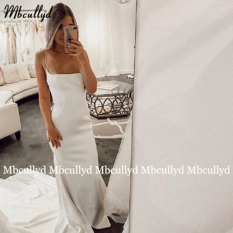 

Simple Spaghetti Straps Wedding Dresses Sheath Stretch Long Bride Dresses Court Train Zip Back Bridal Gowns Plus Size