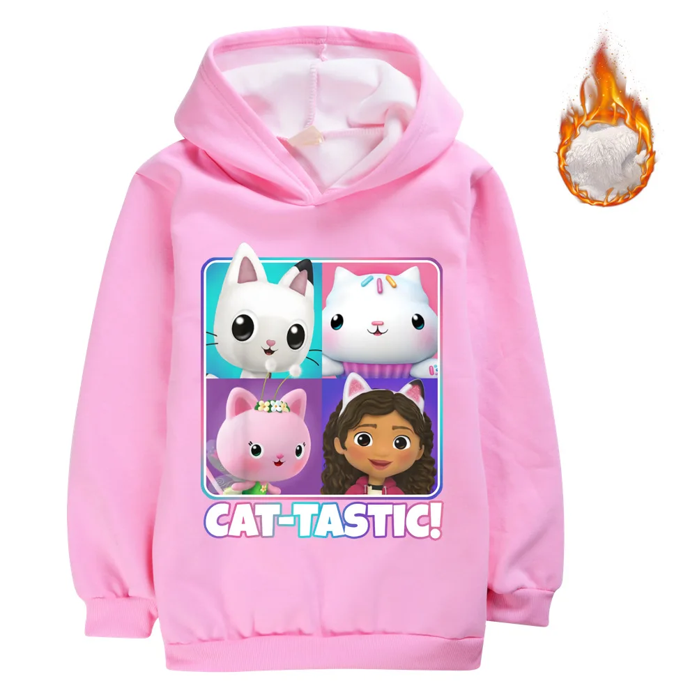 Kids Girls Gabby Cats Thicken Plush Jackets Fashion Boys Hoodies Long Sleeves Keep Warm Winter Clothes Cartoon Print Coats Tops