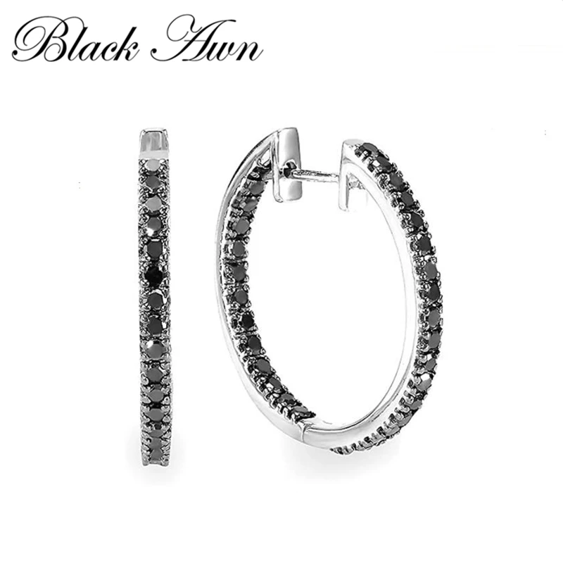 Black Awn 2026 New Classic Round Trendy Spinel Engagement Hoop Earrings for Women Fine Jewelry I189