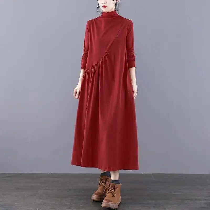 

Bottom Long-Sleeved Dress Women's Autumn New Retro Loose Half-Collar Length Woman Dress Vestido De Mujer Femme Robe