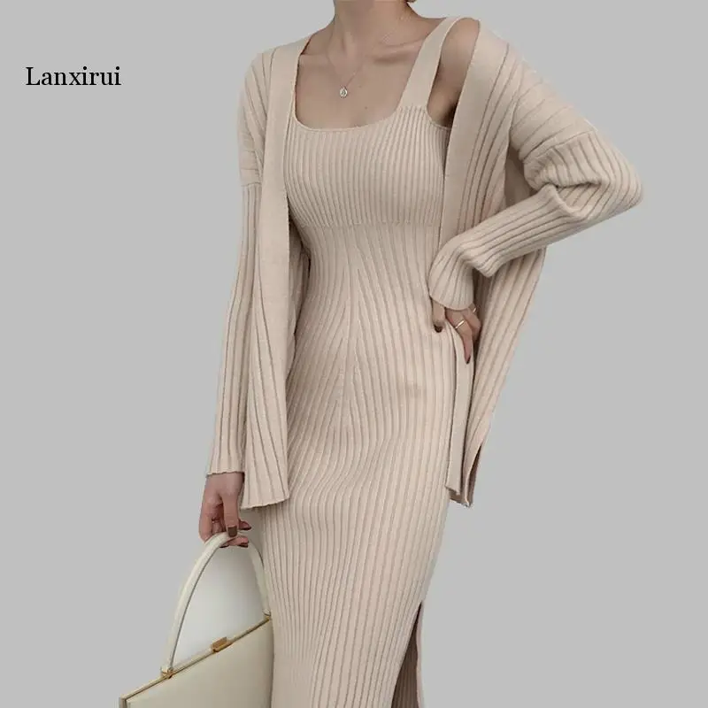 

New High quality winter Women's Casual Long Sleeved Cardigan + Suspenders Sweater Vest Dress Two Piece Runway Dress Suit