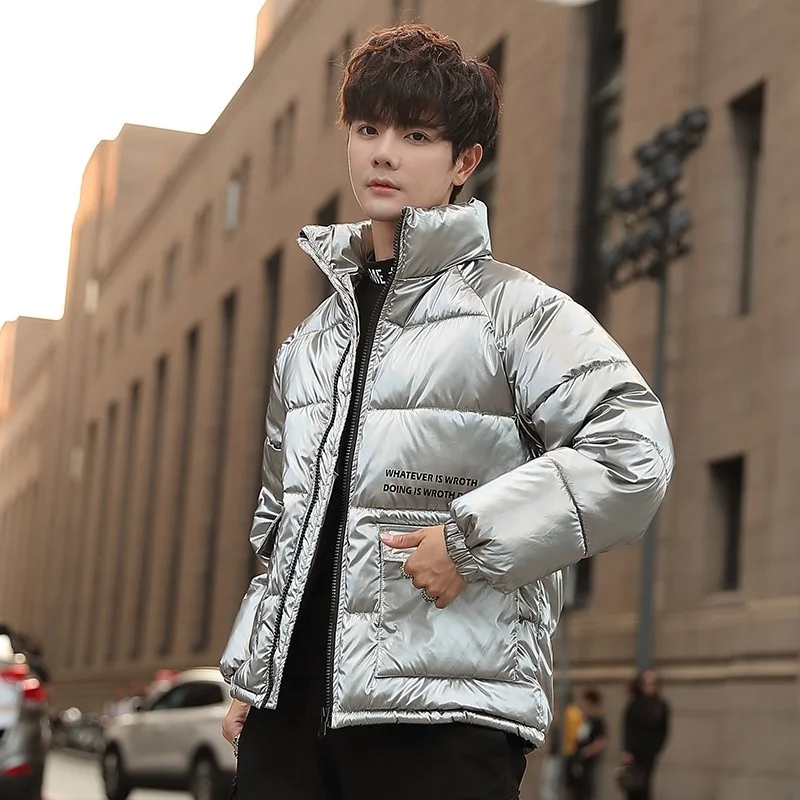 Mens Harajuku Winter Parkas Hip Hop Fashion Black Silver Short Outerwear Thicken Warm Stand Collar Cold Jacket Casual Overcoat