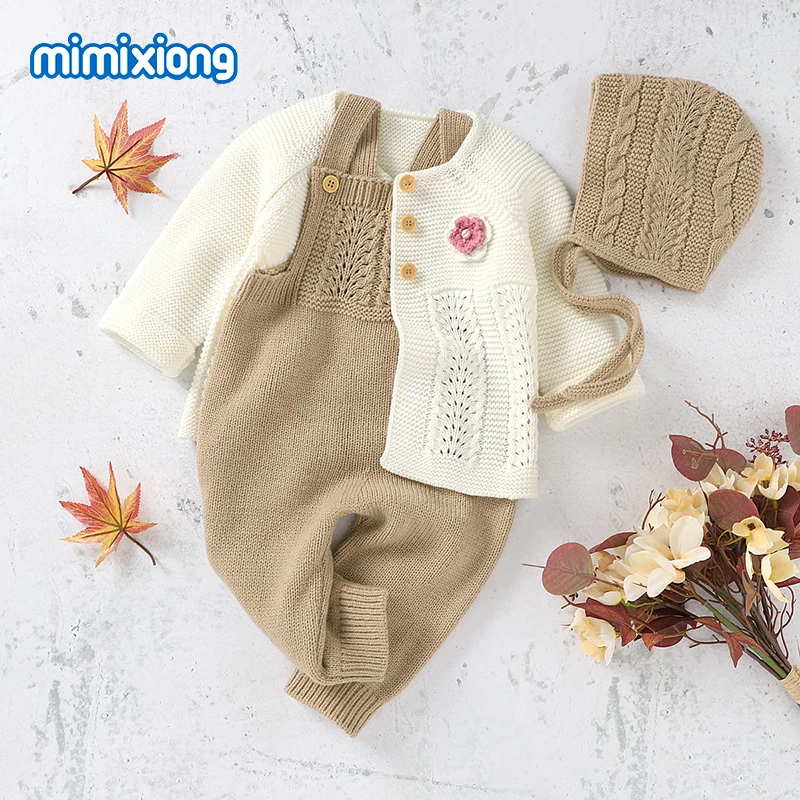 Baby Clothes Winter Warm Knitted Newborn Girls Rompers + Jackets + Hats 3pcs Outfits Sets Autumn Outerwear Toddler Kids Sweaters