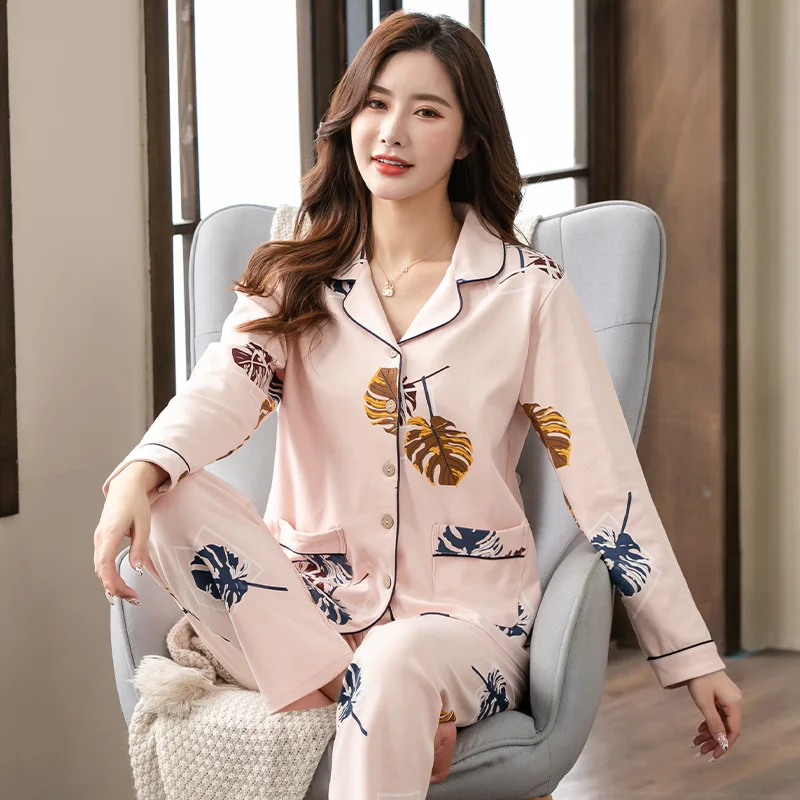 Spring Autumn New Women Pyjamas Full Cotton Long Sleeve Tops Set Female Pajamas Set Night Suit Sleepwear Long Pants Women Night