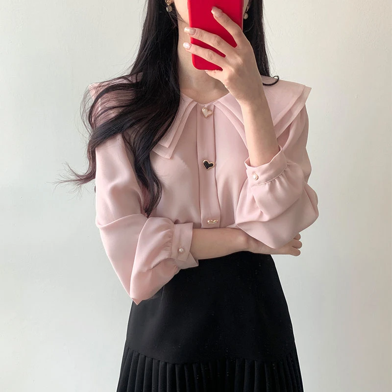 BL3252 New 2023 Spring Summer Women\'s Blouses Fashionable Elegant Office Buttons Oversized Korean Style Wild Pink Shirts Tops