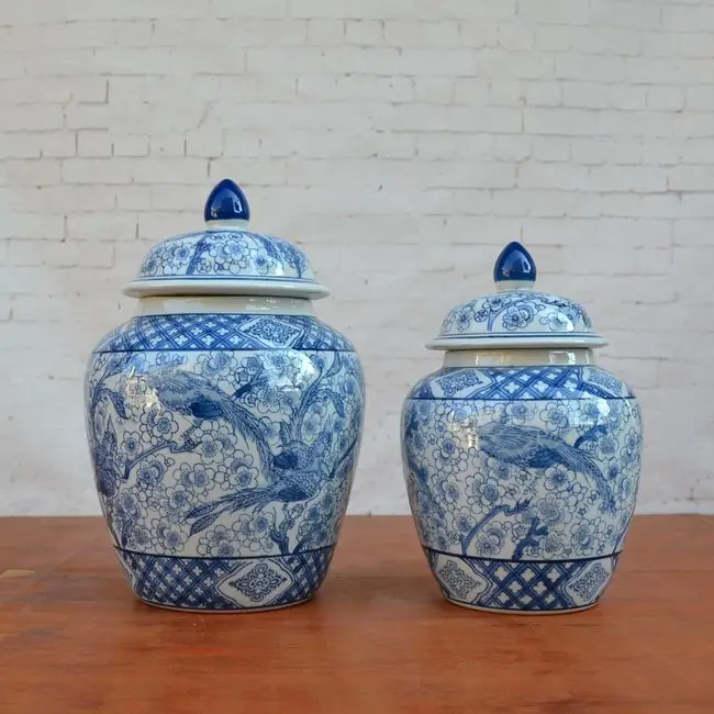 Ceramic Ginger jar Blue And White Porcelain temple jar Flower And Bird Ceramic Decorative Jar vase