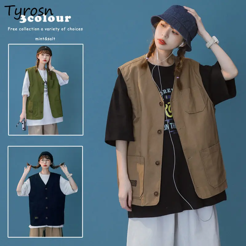 

Vests Women Harajuku Multi-pockets Sleeveless Jackets Solid Chic Teenagers Leisure Retro All-match Students Waistcoats Summer