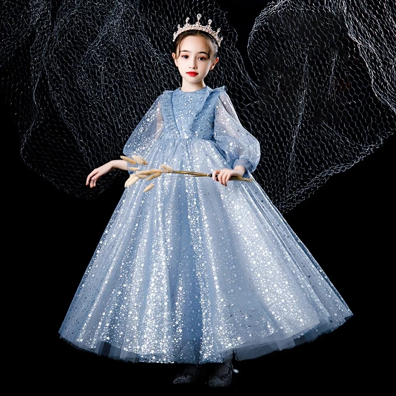 Sequins Simple Ball Gown High Neck Empire Full Sleeves Zipper Back Kids Party Communion Dresses Girl Dresses For Weddings