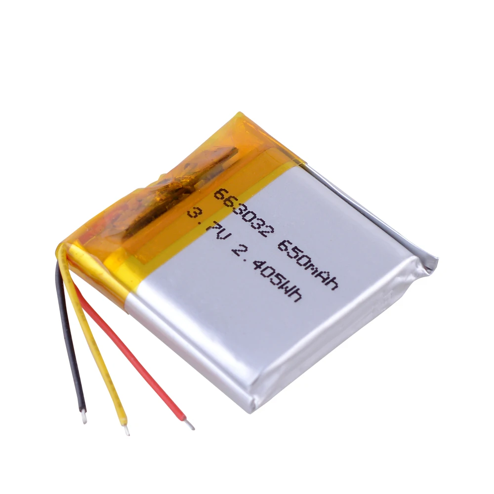 자동차 DVR 레지스트라 레코더 TPMS 발광 MP3 플레이어용 리튬 이온 폴리머 배터리, 650mAh 663032 3.7V