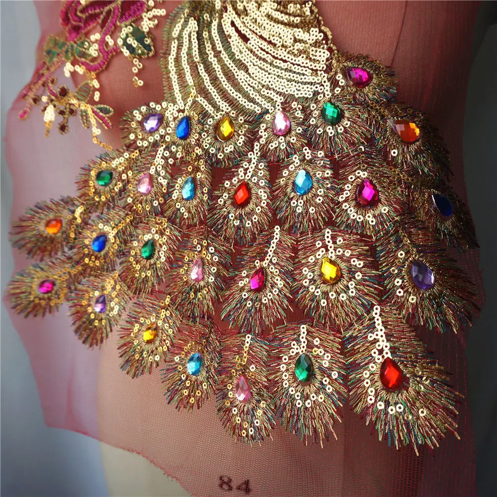 Sequin Peacock Rainbow Rhinestone Feather Tail Embroidered Gown Appliques Lace Fabric Red Mesh Sew Patch For Wedding Decoration