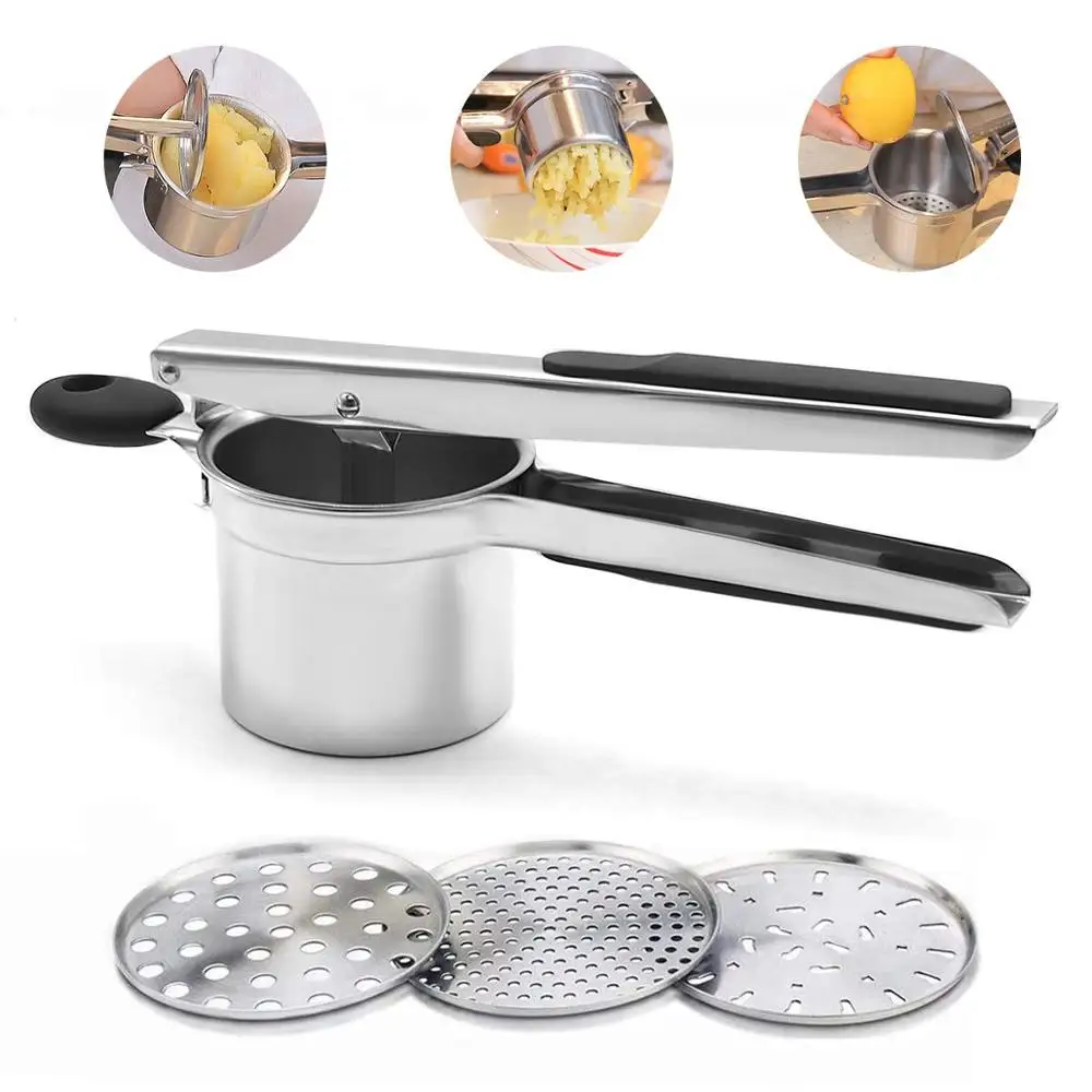 Potato Ricer Press Set with 3 Interchangeable Discs Stainless Steel Fruit Vegetable Masher Crusher Squeezer For Baby Food