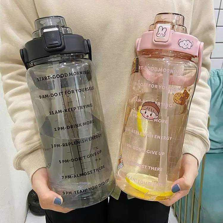 

DIY Large-capacity 2L Plastic Cup Fitness Sports Water Bottle Portable Outdoor Straw Cup with Scale Space Cup Stickers Drinkware