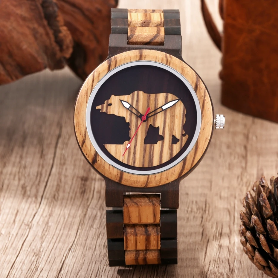 

Men's 3D Polar Bear Watermark Wood Watches Quartz Wrist Clock Male with Adjustable Wooden Band Retro Wristwatch Relojes Hombre