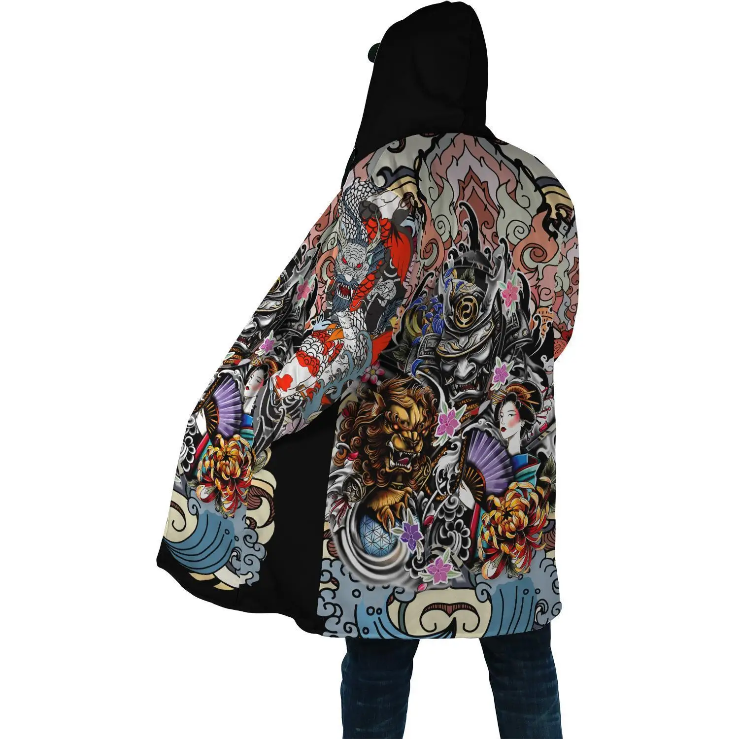 Winter Fashion Mens cloak Samurai Geisha and Lion Tattoo 3D Printing Thick Fleece Hood cloak Unisex Casual Warm Cape coat DP07