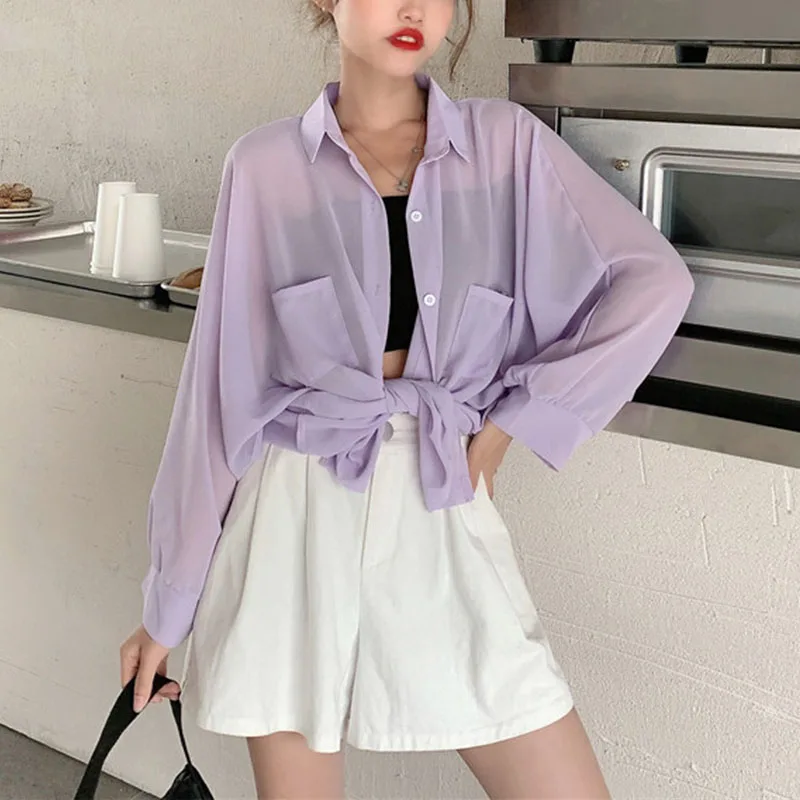 2025 Women Chiffon Blouse Shirt Long Sleeve Spring Summer Lilac Tops Pocket Loose Thin Sunscreen Shirt Bikini Cover Up Beachwear