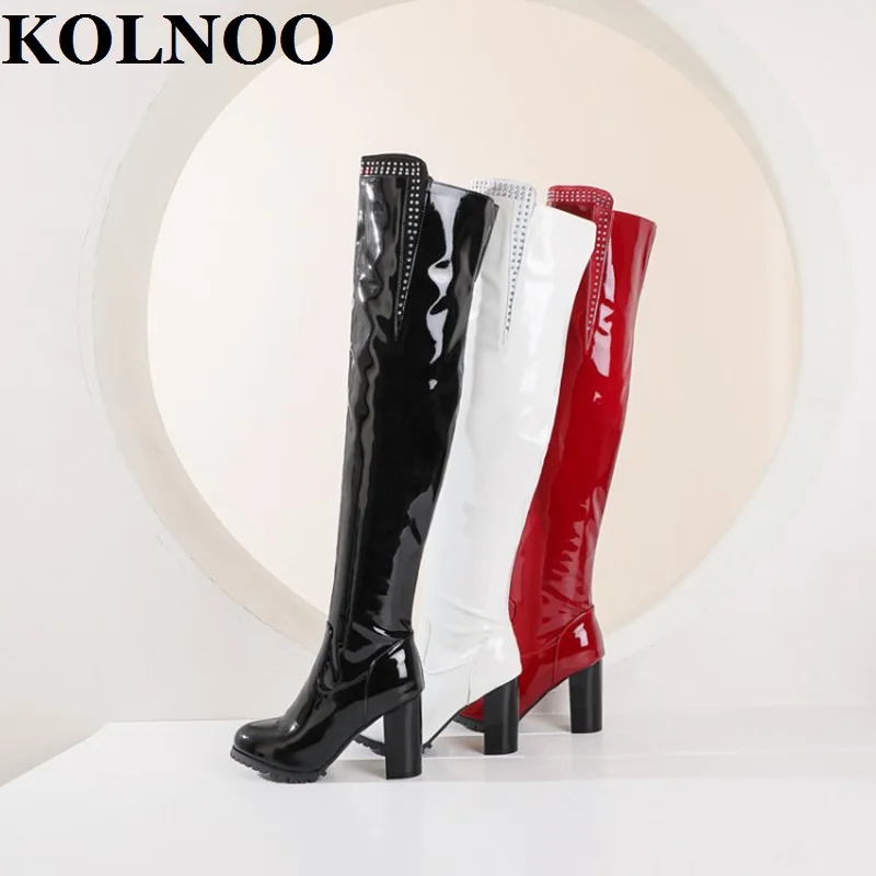 KOLNOO Handmade New Womens Chunky Heels Over-knee Boots Patent Leather Three Colour Sexy Night-Club Evening Fashion Long Shoes