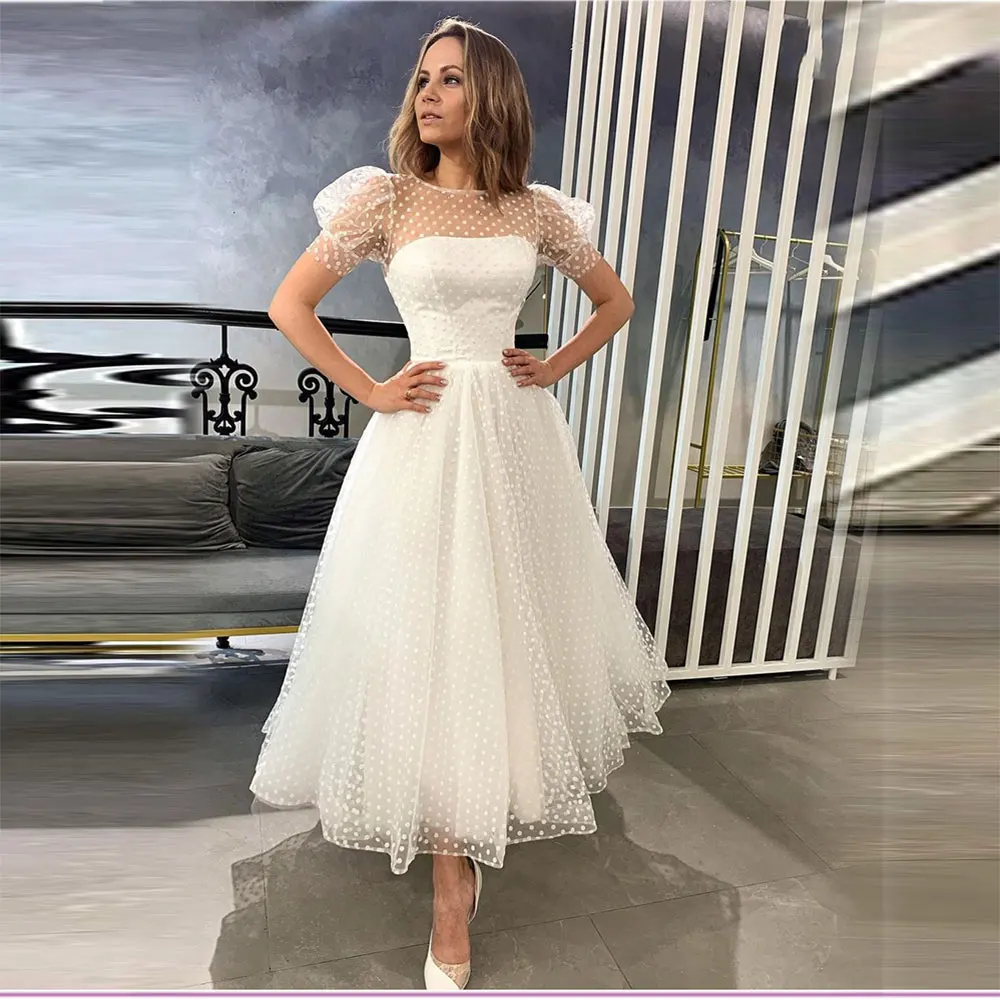 Robe De mariée trapèze Simple, col rond, manches courtes bouffantes, élégante, longueur cheville, grande taille