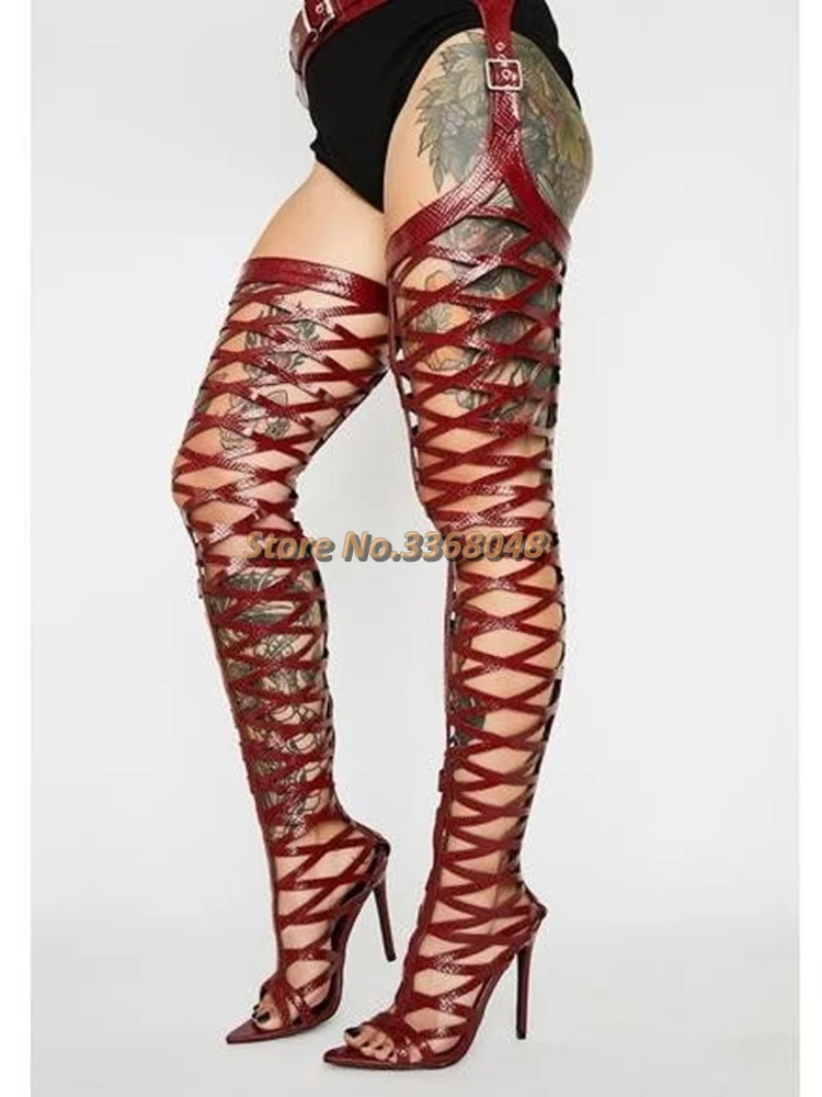 

Laser Rome Hollow Summer Boots Belt Cut Out Gladiator Peep Toe Stiletto High Heel Dress Boots Thigh High Over The Knee Boots