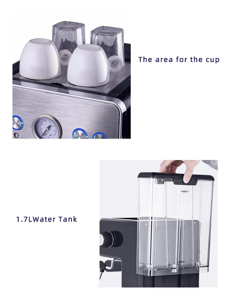 Commercial 15Bar Espresso Machine With Adjustable Milk Frother Wand Coffee Maker For Home 1.7L Water Tank 15Cups For Home Office