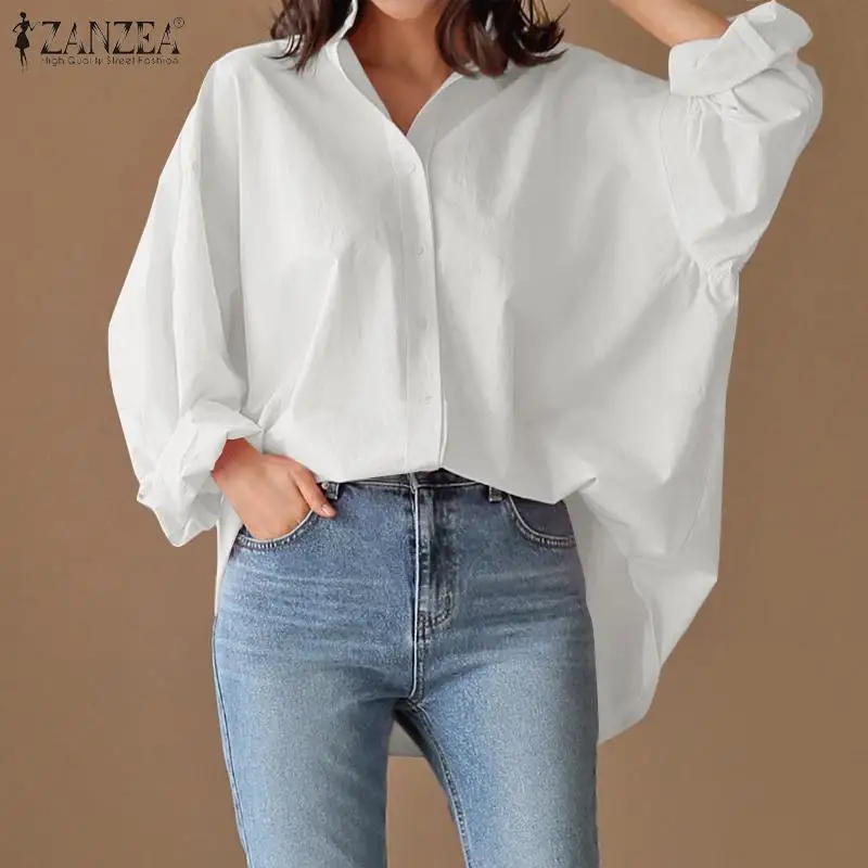 ZANZEA 2023 Elegant Spring Shirts Women\'s Irregular Top Casual Baggy Button Blusas Female Lapel Solid Tunic Chemise 7