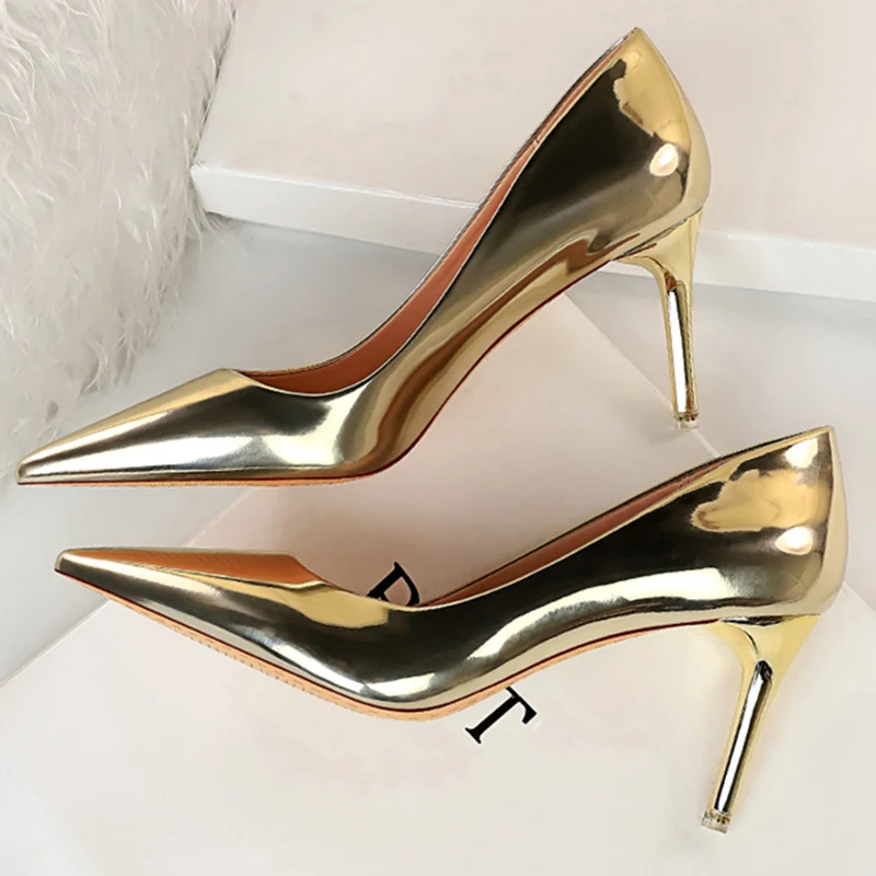 Fashion Women Patent Leather Shallow Thin High Heels Shoes Pointed Toe Gold Silver Heels Pumps Female Tacones Mujer Large Size