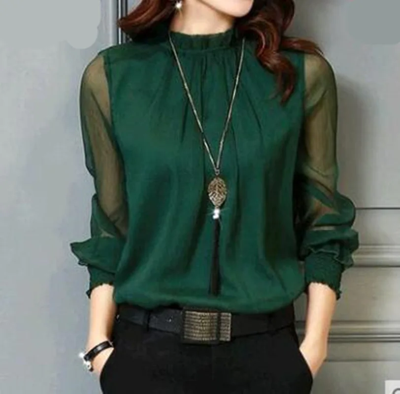 Chiffon Blouse New Women Tops Long Sleeve Stand Neck Work Wear Shirts Elegant Lady Casual Blouses women\'s blusas New