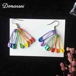 Donarsei 2024 New Fashion Rainbow Safety Pin Earrings For Women Minimalist Colorful Paperclip Drop Earrings Ear Threader Party