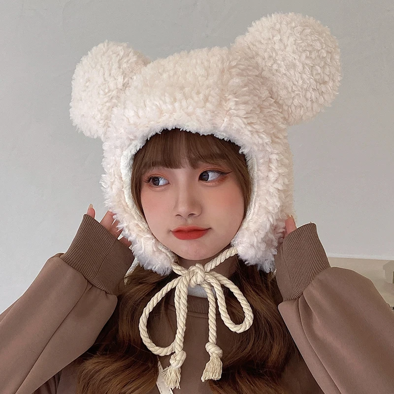 Women Winter Thicken Plush Warm Earflap Hat Cute Bear Ears Windproof Beanie Cap with drawstring Chin Strap