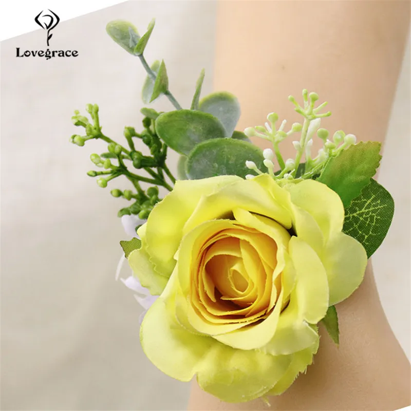 Lovegrace Faux Rose Kancing Pergelangan Tangan Korsase Groom Boutonniere Pin Manset Gelang Bridesmaid Pernikahan Saksi Sutra Bunga Korsase