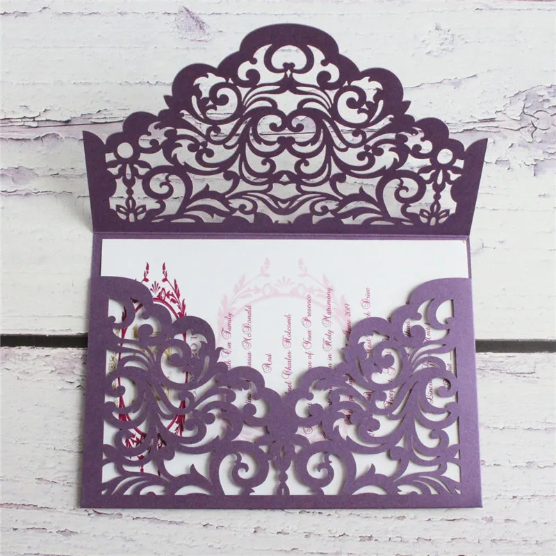 Hollow purple wedding invitation card elegant laser cut custom design printable invites 50 sets