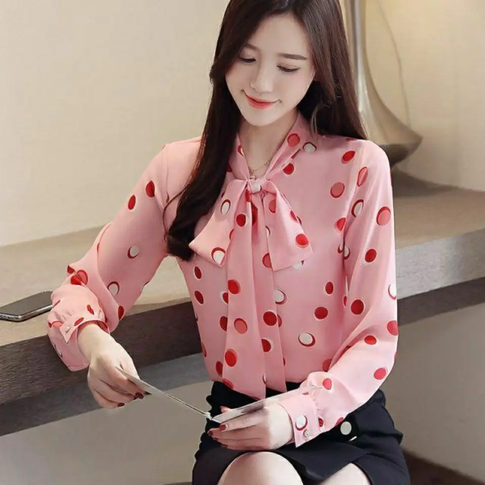 Fashion Women Blouse Bow Tie V-neck Chiffon Elegant Oversize Shirt Polka Dot Print Long Sleeve Ladies Top Female Office Clothes