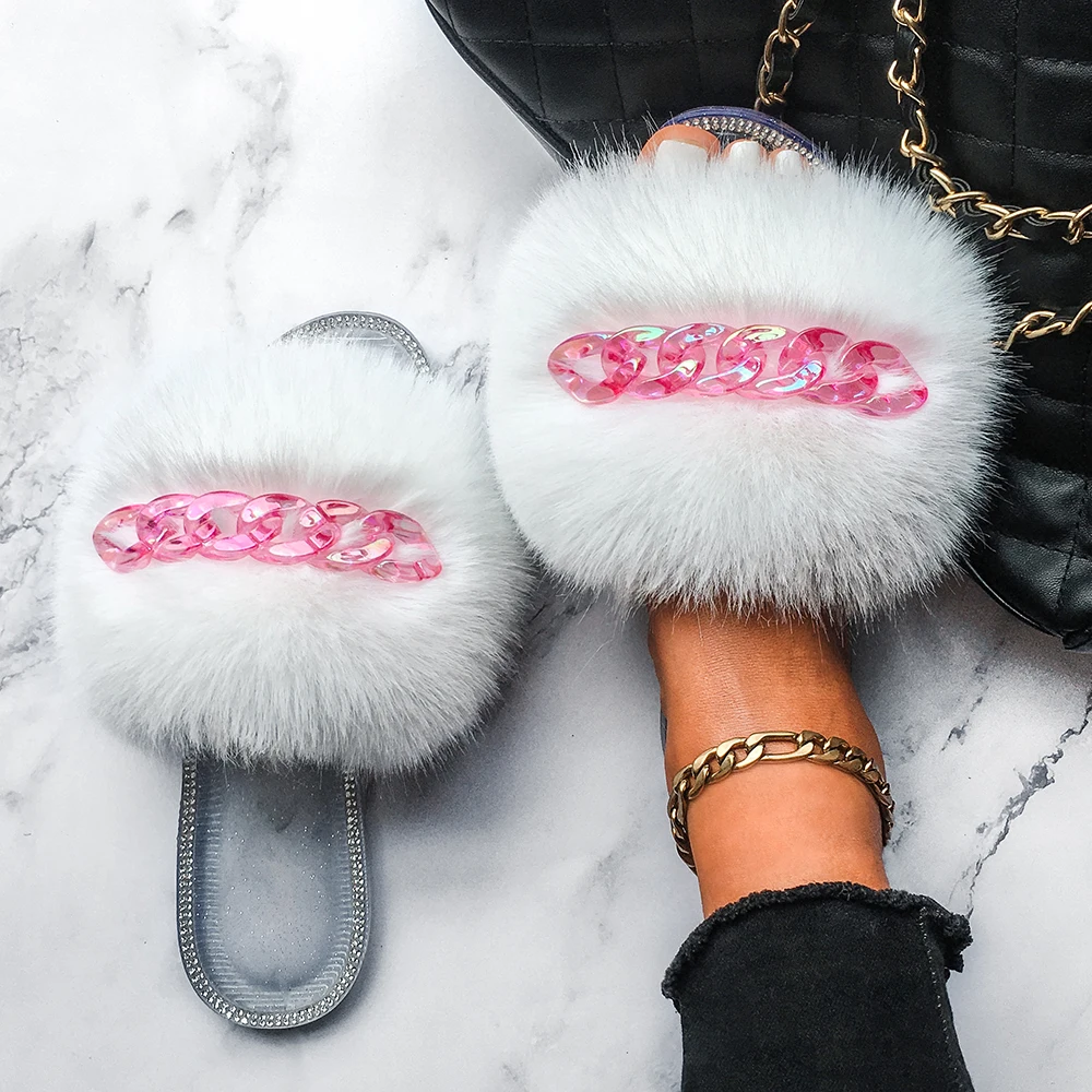 Fluffy Slippers Fur Slides Candy Color Transparent Chain Flip Flops Crystal Flat Slippers Women Sandals Summer 2021 Female Shoes