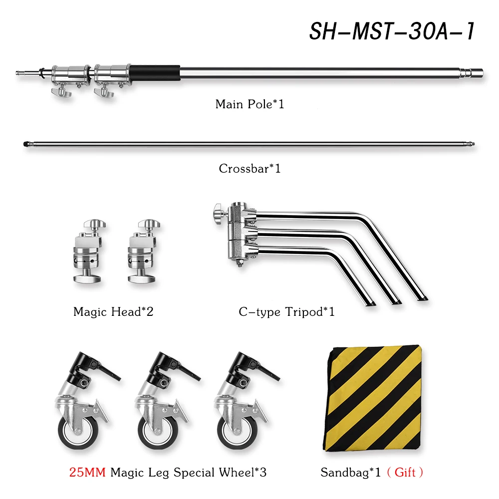 SH 2.6/3.3M Black&Silver Photography C Stand Light Stand Heavy Duty Stainless Steel Magic Leg Arm Crossbar Grip Head Tripod
