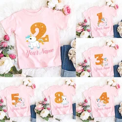 Custom Name Birthday T Shirt Cute Unicorn Number 1-9 Cartoon Girls T-shirt Summer Baby Children Tops Kids Kawaii T Shirt Clothes