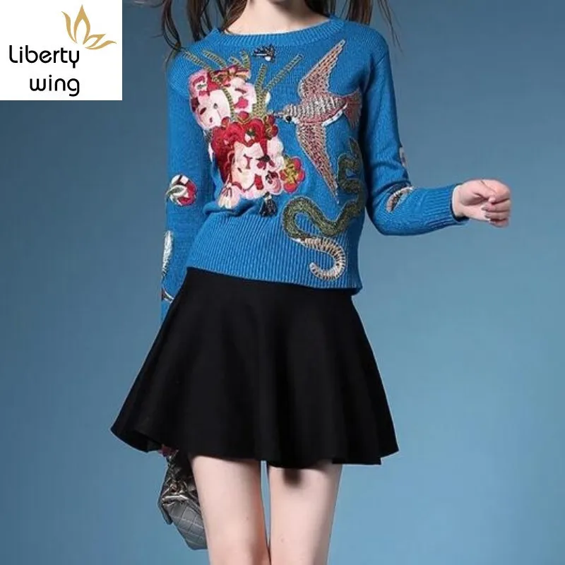 Autumn Winter Sweaters New Fashion Women\'s Long Sleeve Elegant birds beading Flower Embroidery novel Wool Sweater